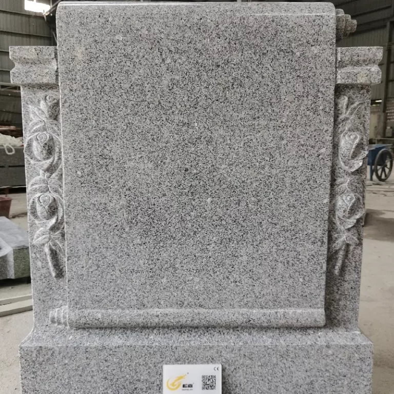 G603 granite flower carving headstone with side columns and central inscription panel