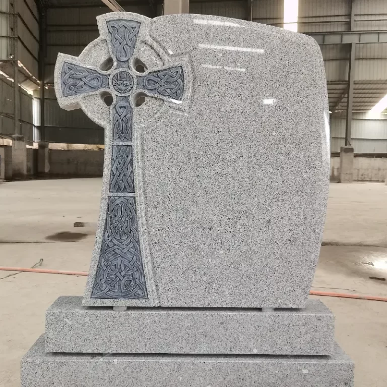 G603 granite Celtic cross headstone with carved IHS symbol and curved inscription panel