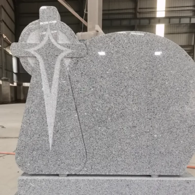 G603 granite cross headstone with curved inscription panel and matching base