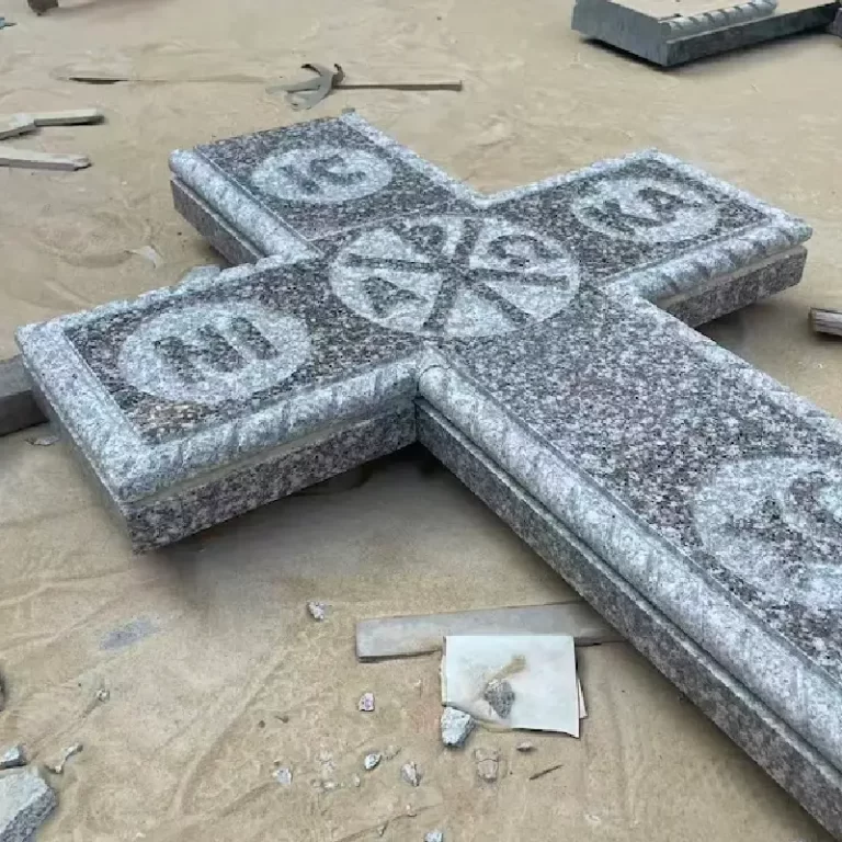 G664 Pink Granite Romanian Orthodox Cross Memorial with Raised Rope Border
