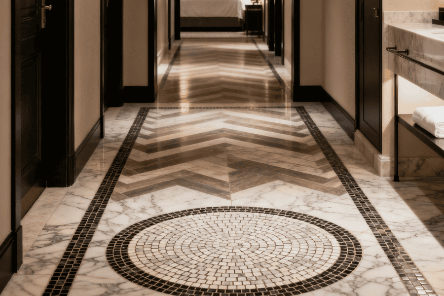 Herringbone and round marble mosaic for hotel flooring Herringbone and round marble mosaic for hotel flooring