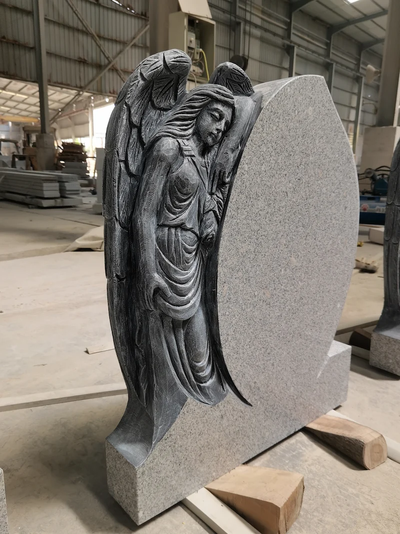 G603 granite angel carving headstone with curved inscription panel