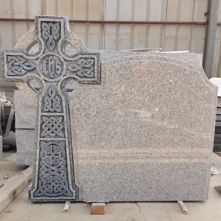 G603 granite Celtic cross headstone with carved IHS symbol and curved inscription panel