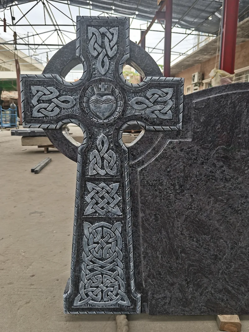 Bahama Blue Granite Irish Cross Headstone with Celtic Memorial Design