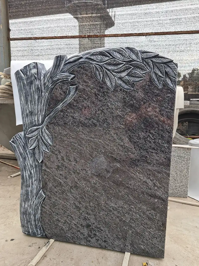 Bahama Blue Granite Tree Carving Headstone – Cemetery Memorial Stone