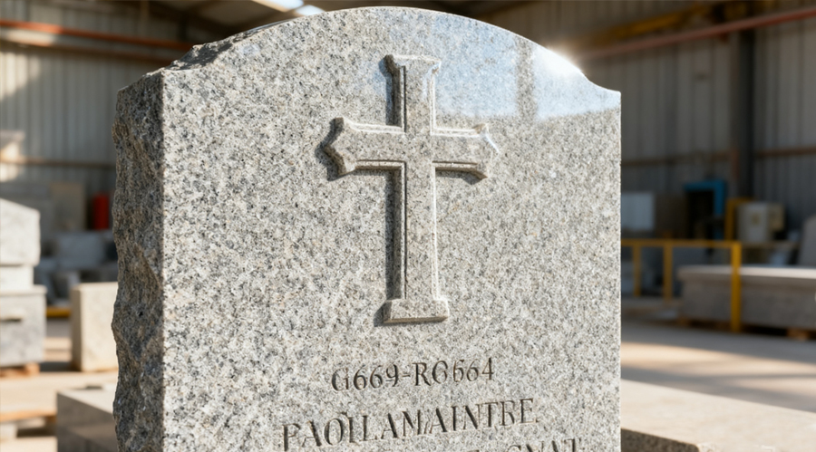 A close-up of a French tombstone, showcasing an exquisitely carved cross and delicate lettering, highlighting the texture of polished granite in soft sunlight.