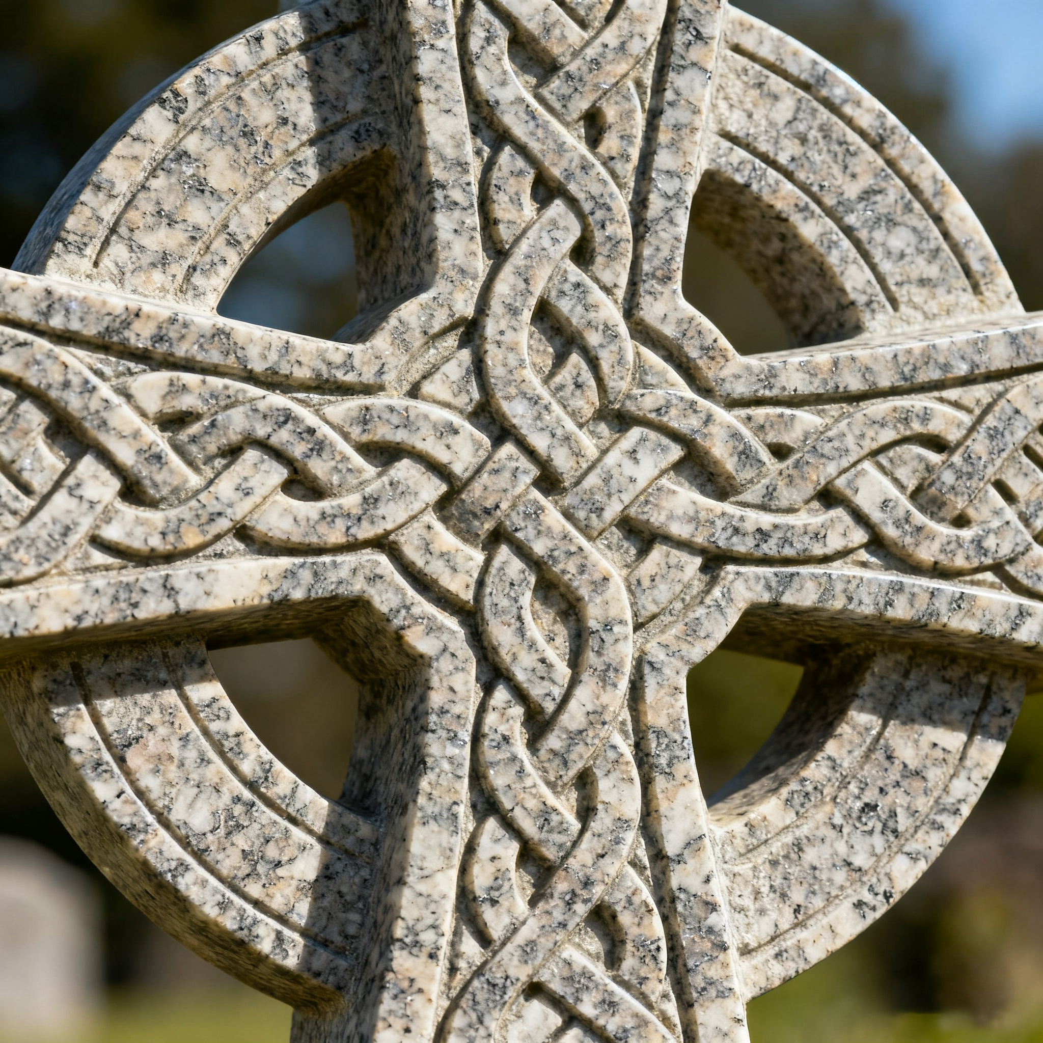 A close-up of the details of a Celtic cross hand-carved on polished granite, with visible knot patterns.