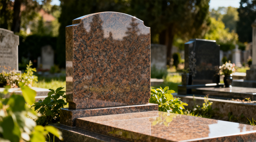 A realistic installation of a Songjia Hungarian tombstone in a cemetery, with soft sunlight highlighting the polished granite surface.