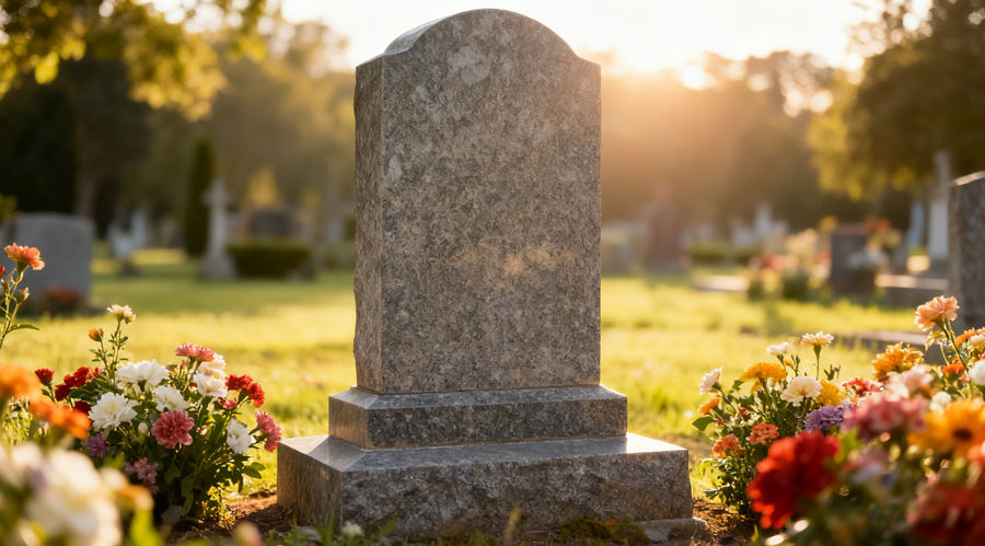 A serene French tombstone sits amidst blooming flowers and soft sunlight, creating an atmosphere of timelessness and respect against the backdrop of a tranquil cemetery.