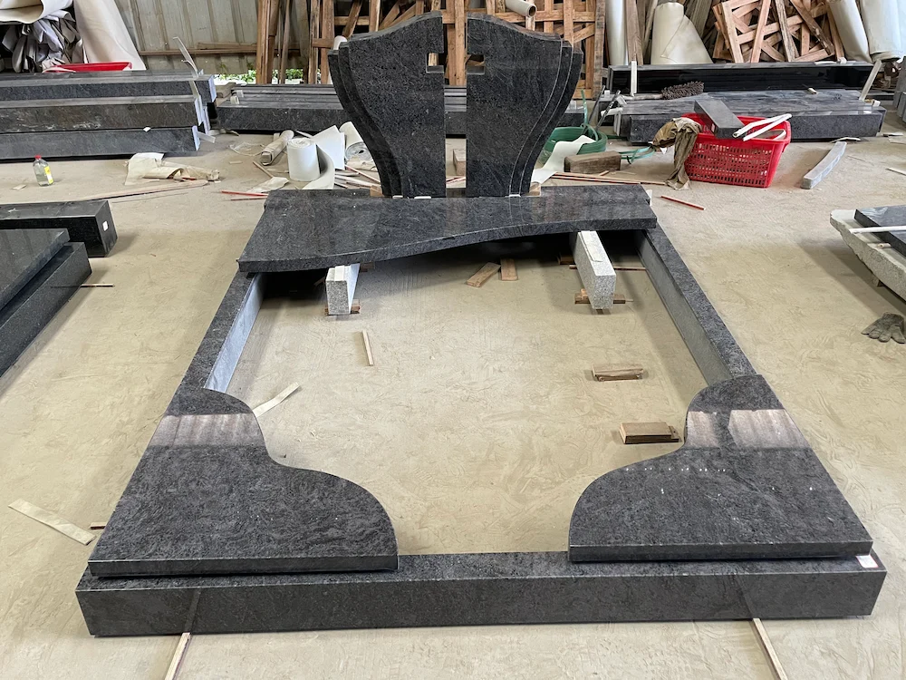 Bahama Blue Granite German-Style Double Tombstone with Full Grave Cover and Kerb Frame