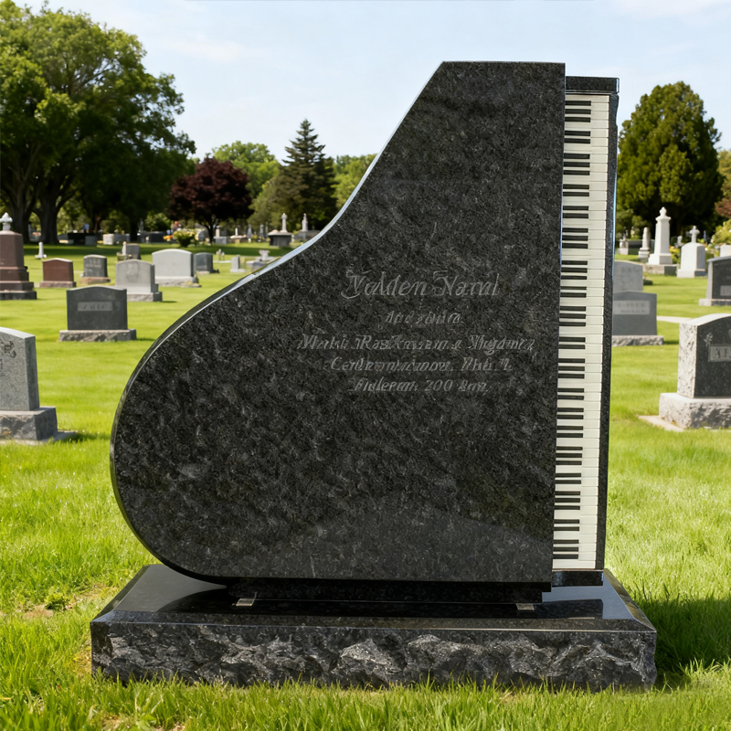 Bespoke Piano Design Tombstone Carved Black Granite Upright Headstone