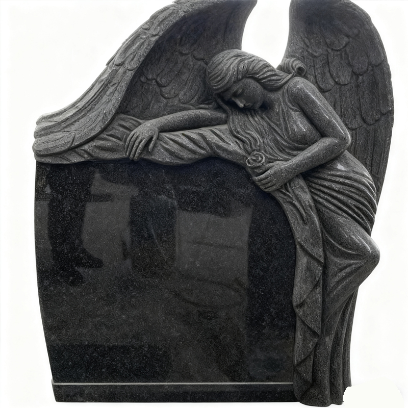 Black Granite Leaning Angel Headstone