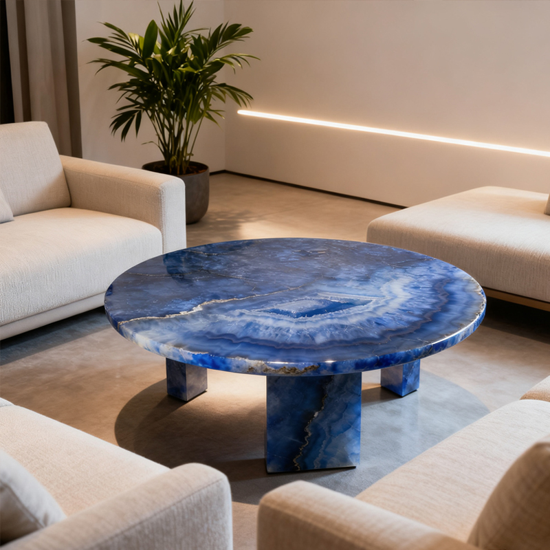 Blue agate gemstone table family coffee table