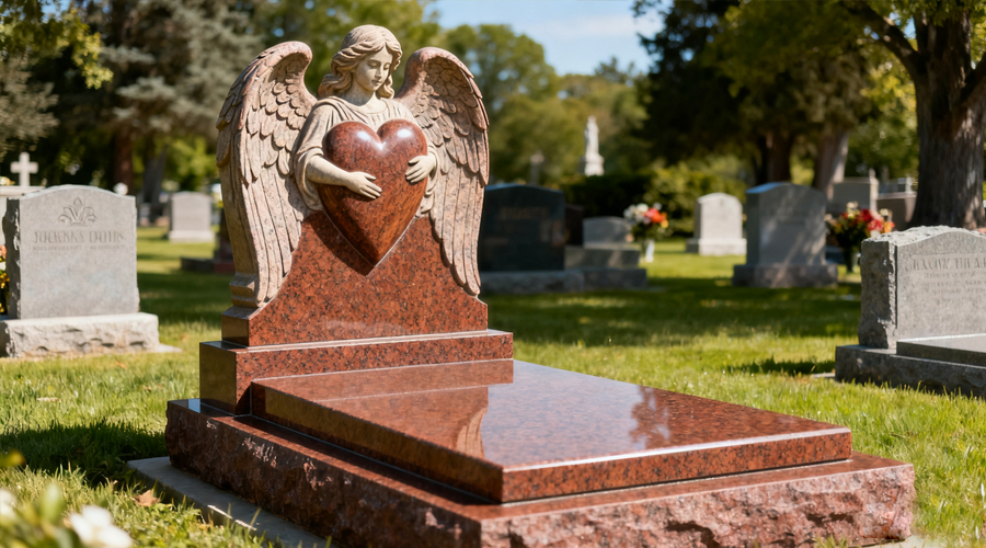 Carved Angel Heart Tombstone Maple Red Granite Sculpture Monument