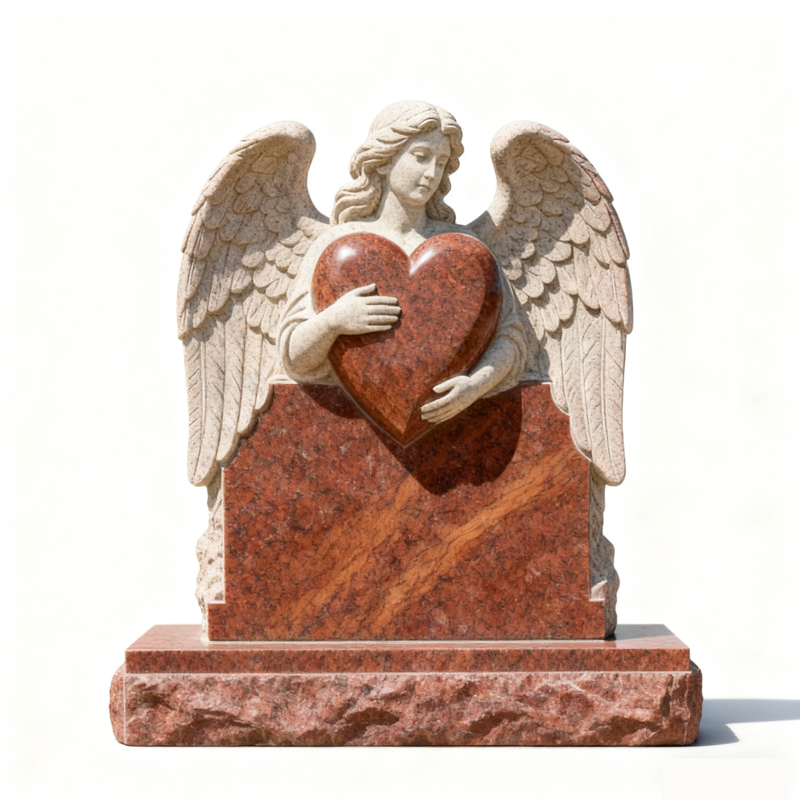 Carved Angel Heart Tombstone Maple Red Granite Sculpture Monument