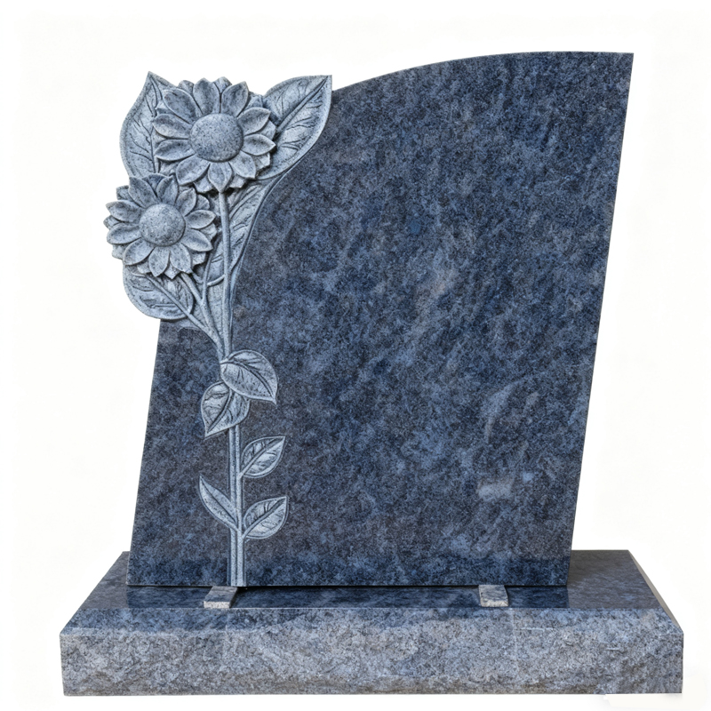 Carved Sunflower Upright Headstone Bahama Blue Ganite Kerb Tombstone