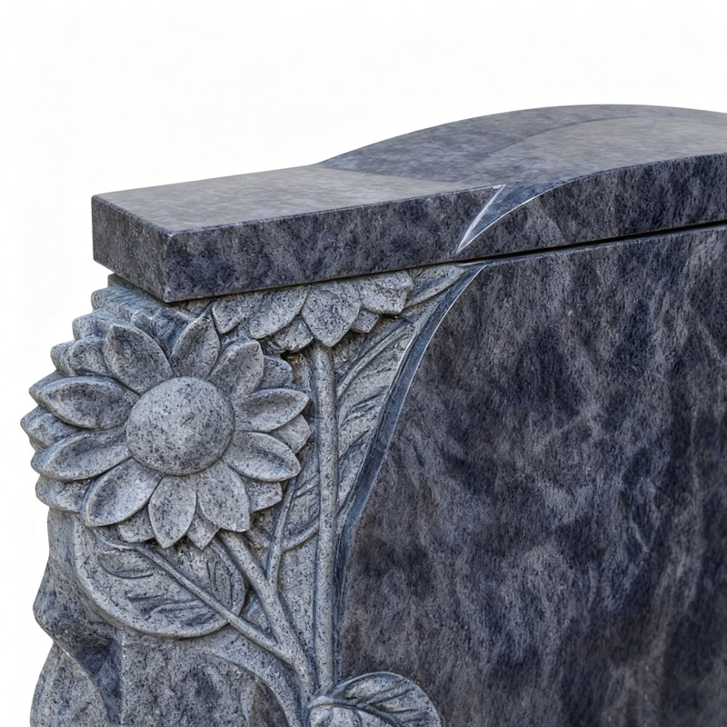 Carved Sunflower Upright Headstone Bahama Blue Ganite Kerb Tombstone