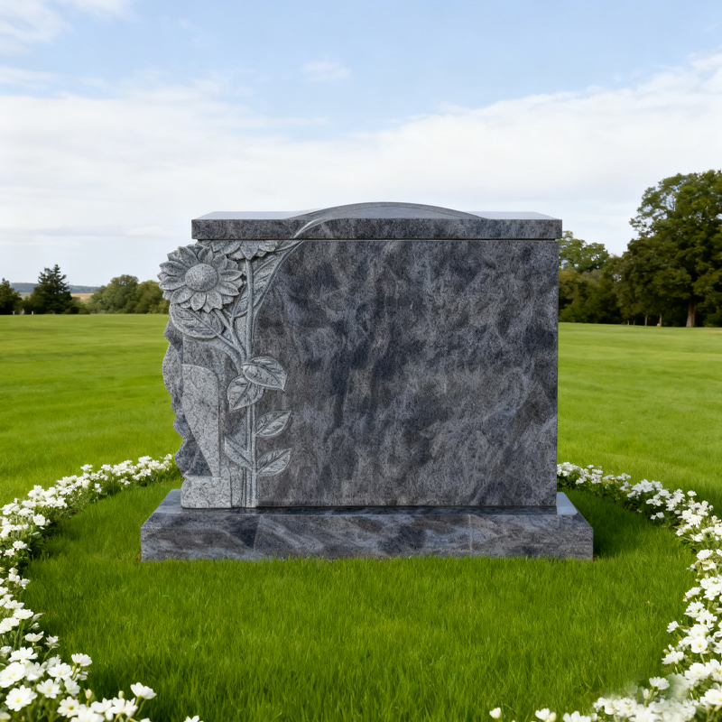 Carved Sunflower Upright Headstone Bahama Blue Ganite Kerb Tombstone
