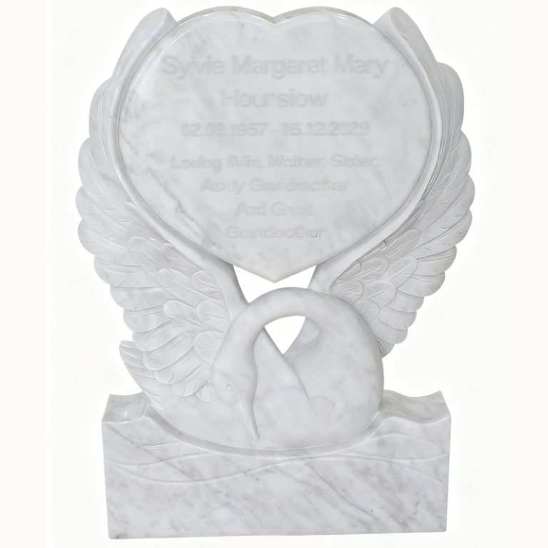 Carved Swan with Heart Tombstone White Marble Sculpture Monument