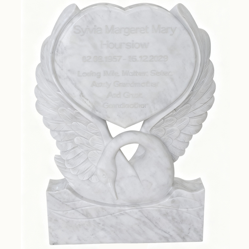 Carved Swan with Heart Tombstone White Marble Sculpture Monument