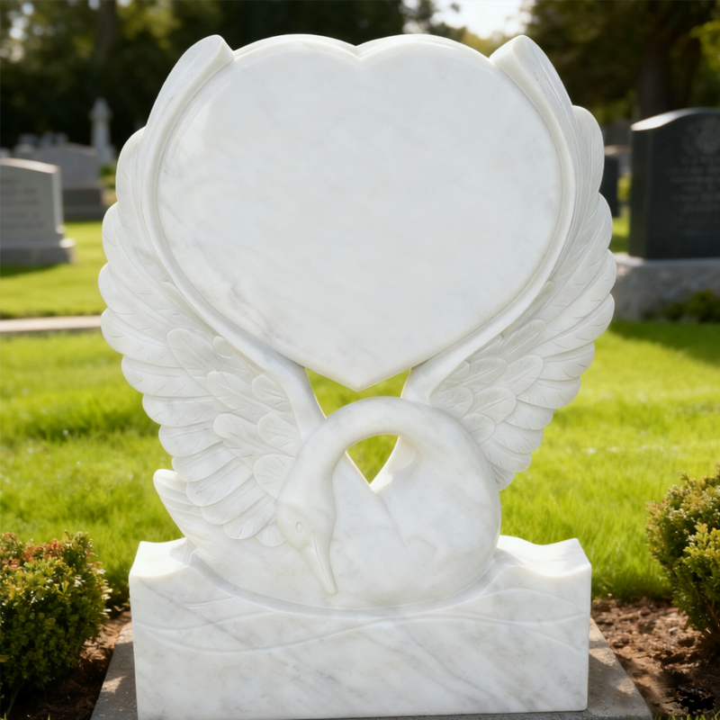 Carved Swan with Heart Tombstone White Marble Sculpture Monument