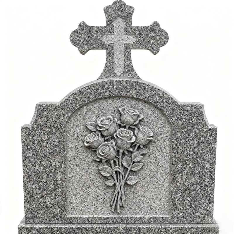Custom Carved Cross with Roses Tombstone Design in Granite