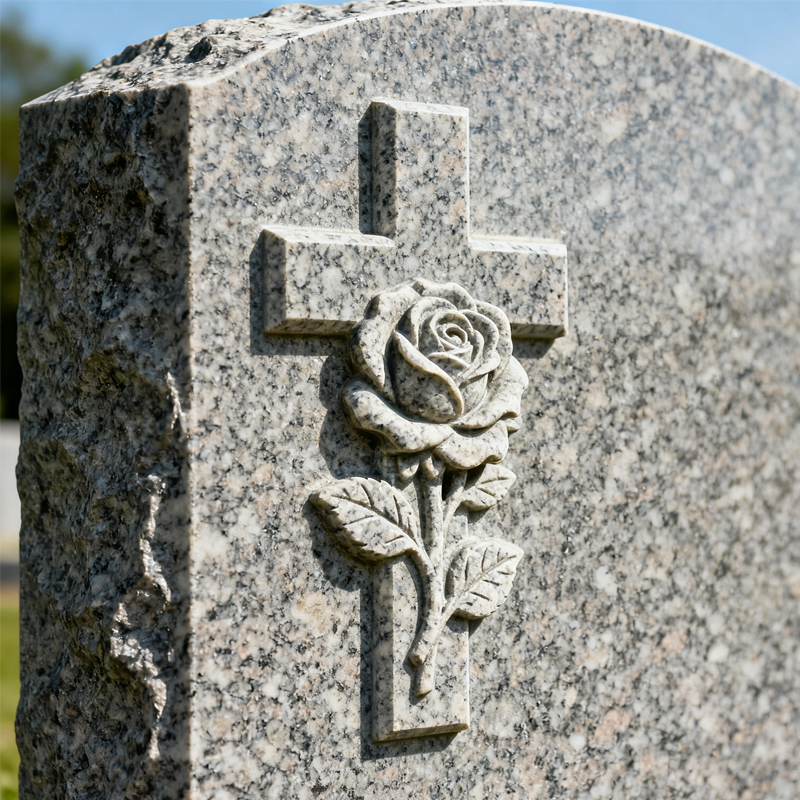 Custom Carved Cross with Roses Tombstone Design in Granite