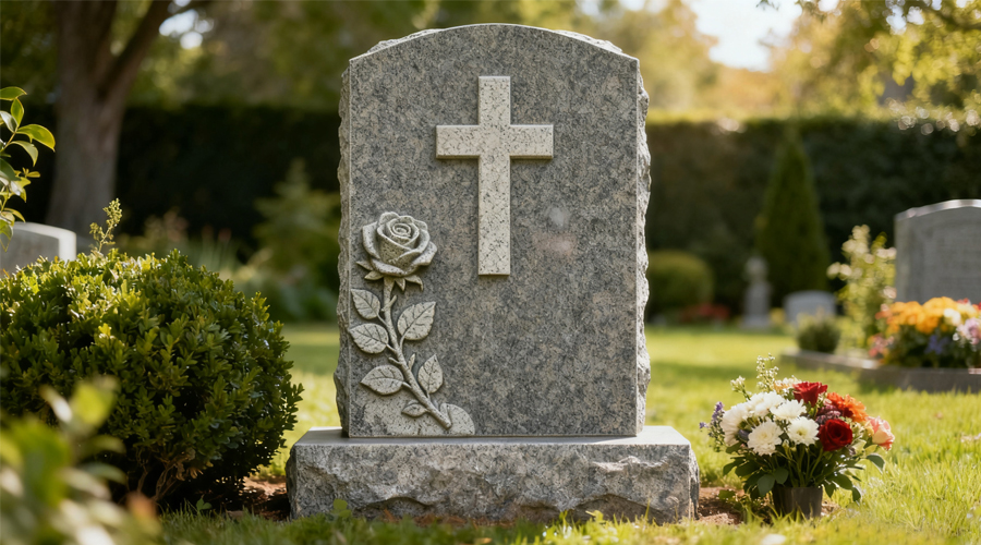 Custom Carved Cross with Roses Tombstone Design in Granite5