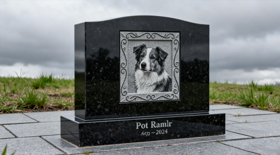 Custom Pet Photo Memorial – Black Granite Headstone with Engraving