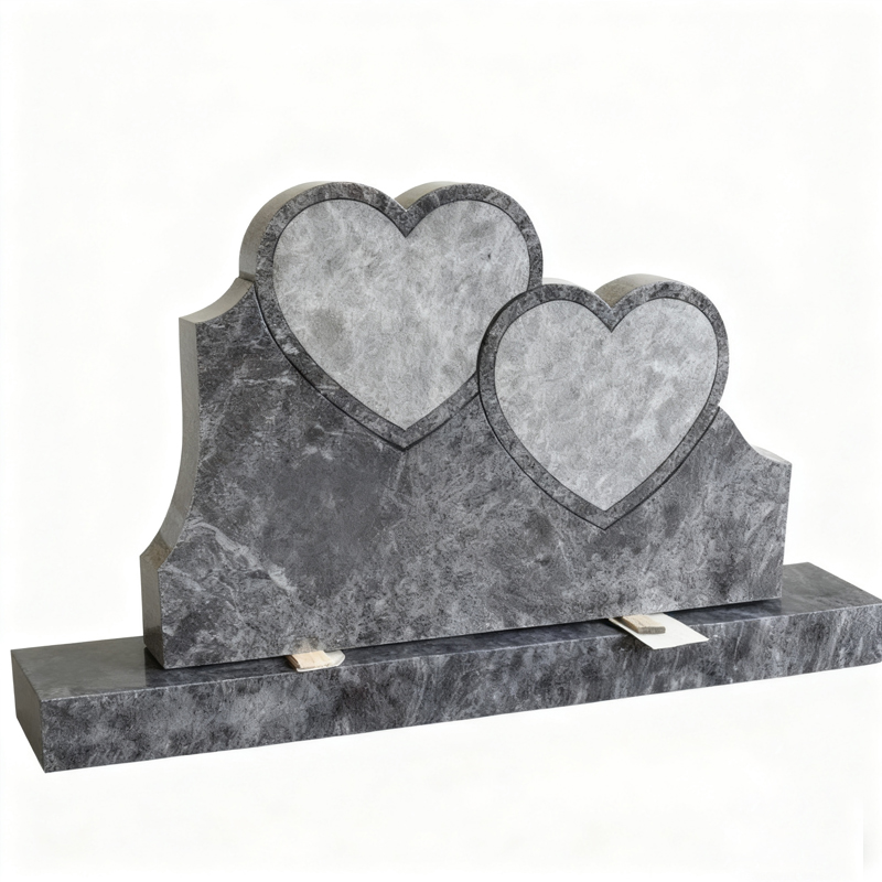 Double Heart Headstone Bahama Blue Granite Carved Bespoke Tombstone