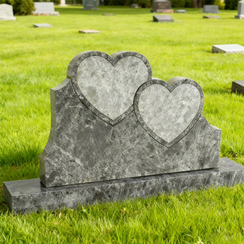 Double Heart Headstone Bahama Blue Granite Carved Bespoke Tombstone