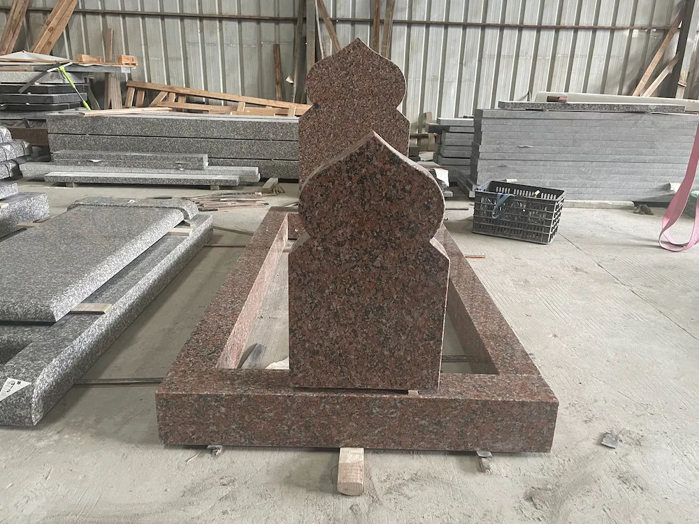 G562 Maple Red Granite Muslim Full Kerb Memorial with Islamic-style headstone and full kerb surround side view