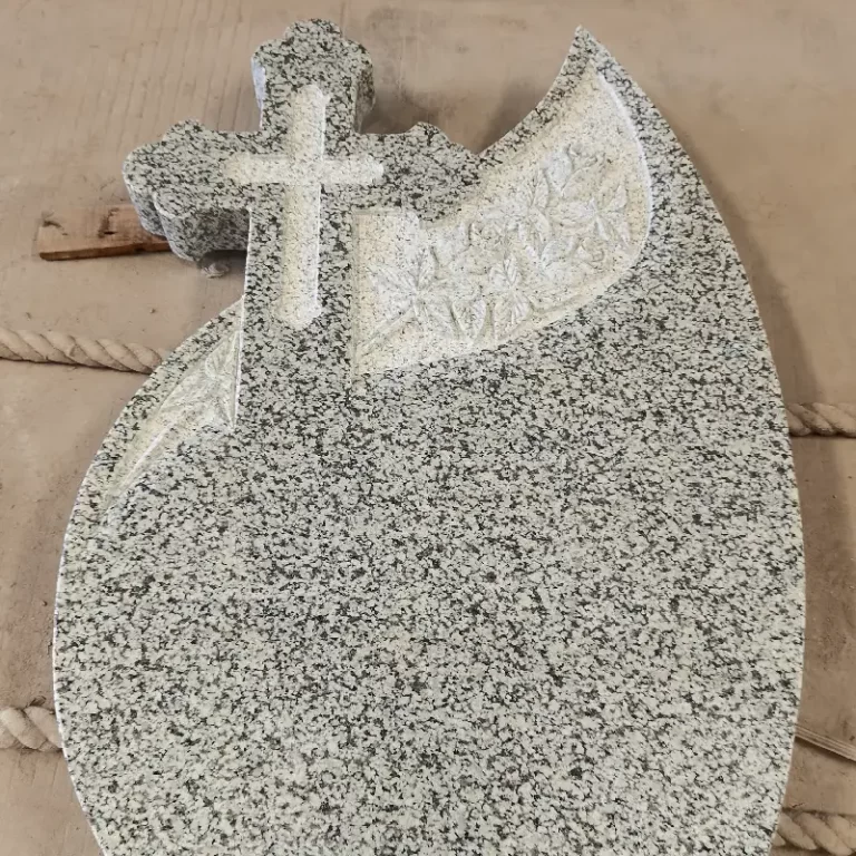 G603 granite Hungary-style cross tombstone with floral carving and wave-shaped polished headstone