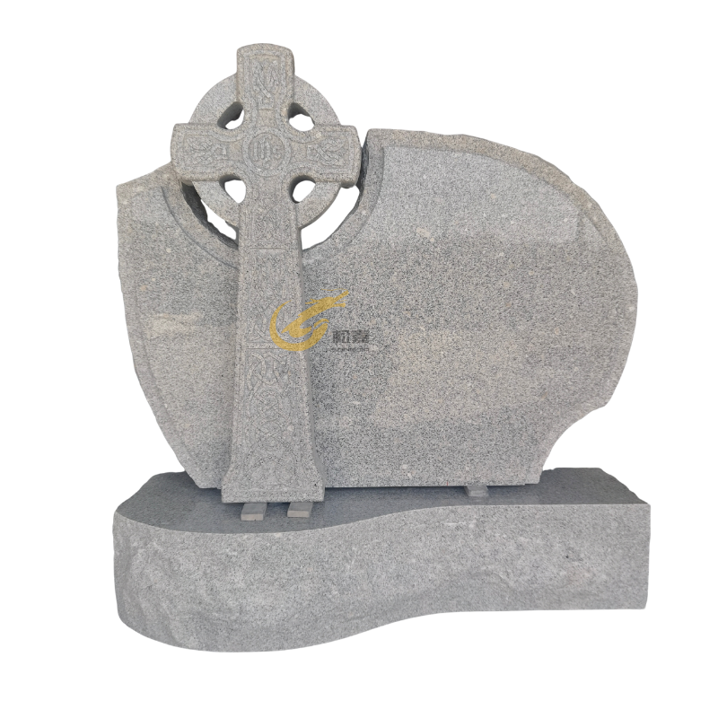 Gray granite Christian cross headstone with Celtic carving and double base for cemetery use