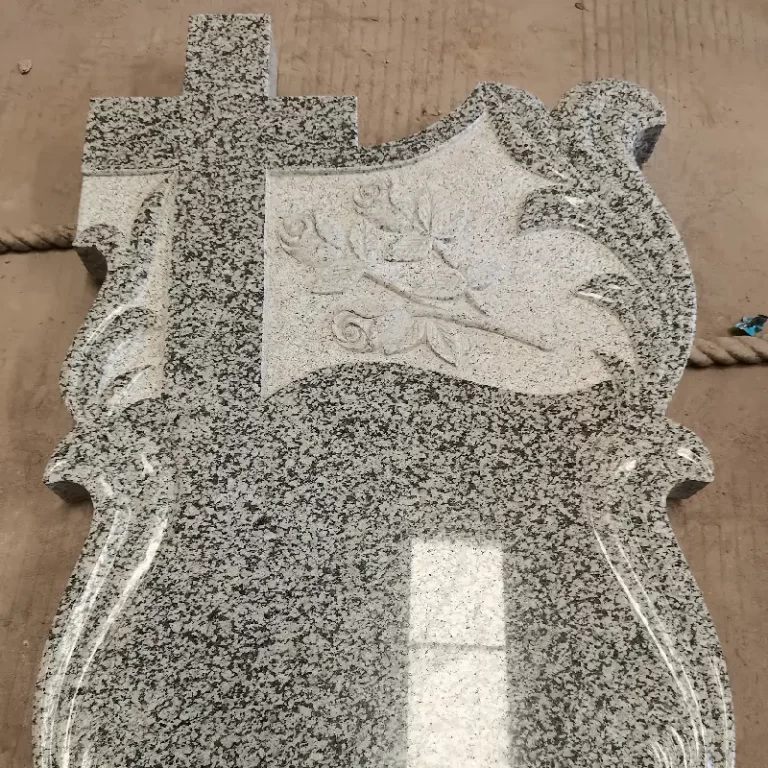 G603 granite Hungary-style cross tombstone with floral carving and polished light grey surface