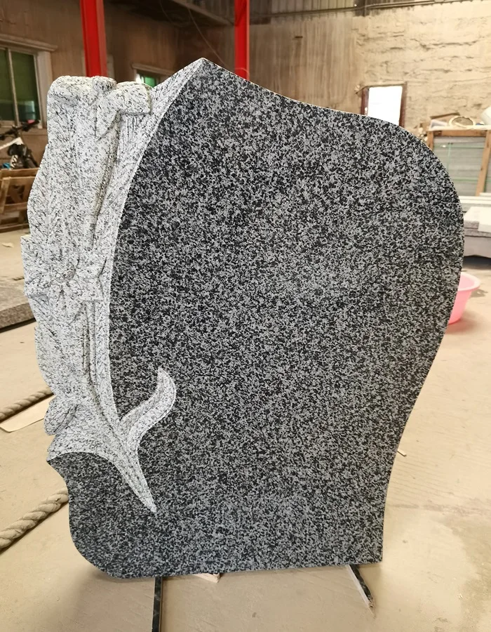 G654 Granite Flower Carving Tombstone with Wave-Shaped Headstone and Polished Surface