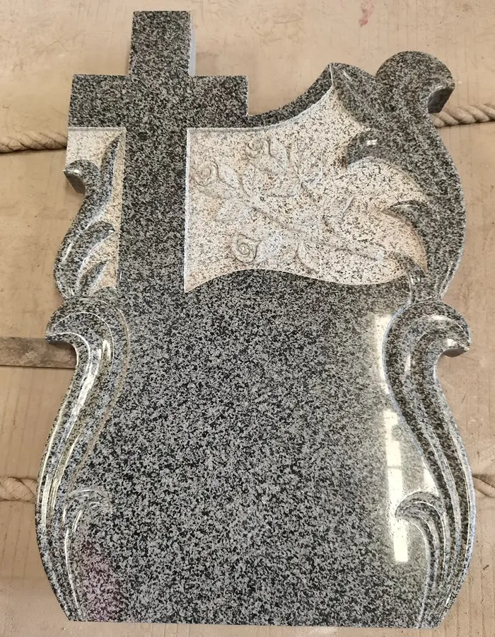 G654 Granite Cross Tombstone with Floral Carving and Polished Wave Headstone