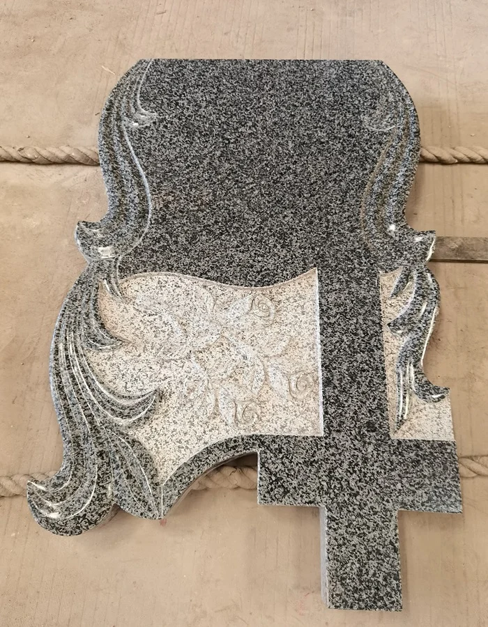 G654 Granite Hungarian-Style Cross Tombstone with Floral Carving Detail