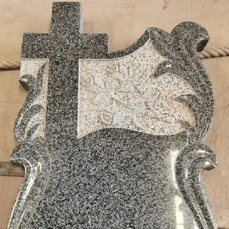 G654 Granite Hungarian-Style Cross Tombstone with floral carving and polished wave headstone