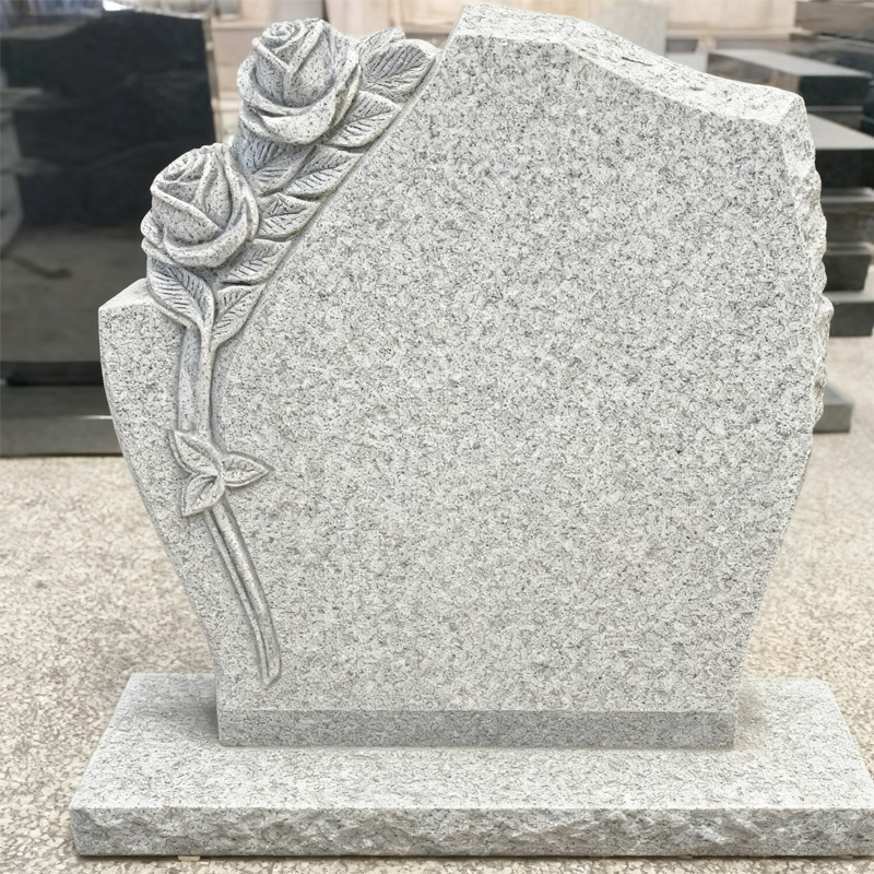 Hand Carved Flower Pattern Upright Gray Granite Headstones