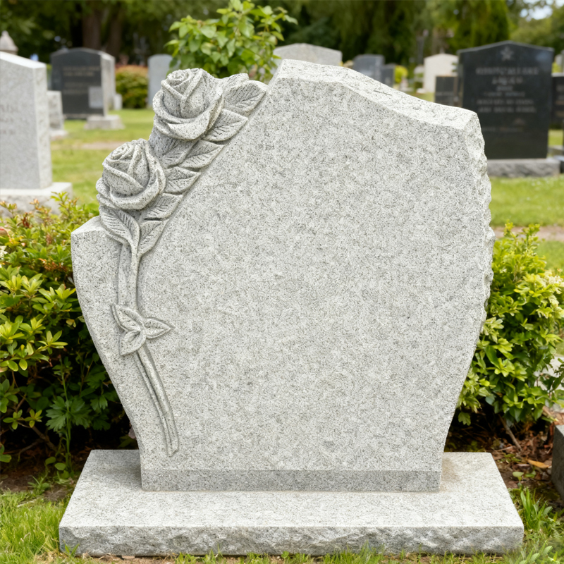 Hand Carved Flower Pattern Upright Gray Granite Headstones