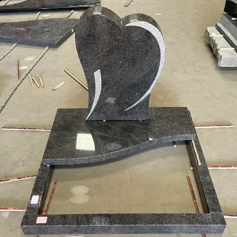 Himalaya Blue Granite German-Style Heart Tombstone with wave cover slabs and raised base