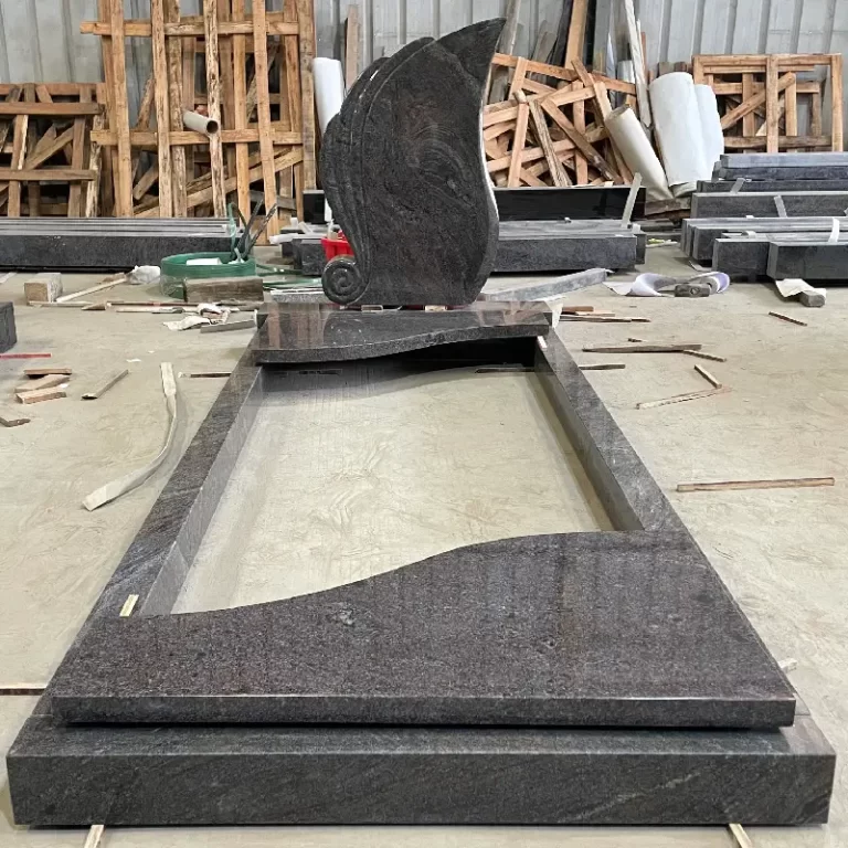 Himalaya Blue Granite German-Style Kerb Tombstone with scroll headstone and wave cover slabs