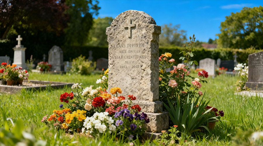 In a tranquil cemetery setting, a French tombstone surrounded by blooming flowers and green grass showcases the elegance of its design.