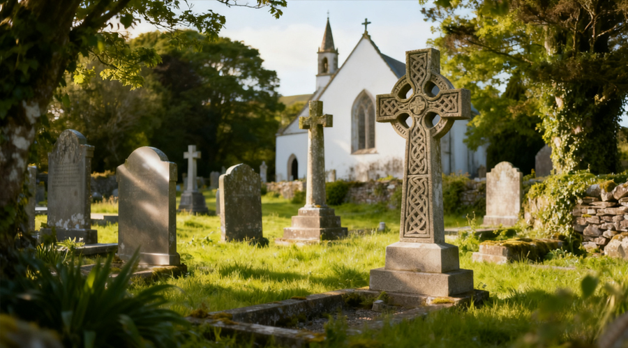 In the Green Church Cemetery, bathed in soft sunlight, a standing Irish tombstone and the full view of a Celtic cross.