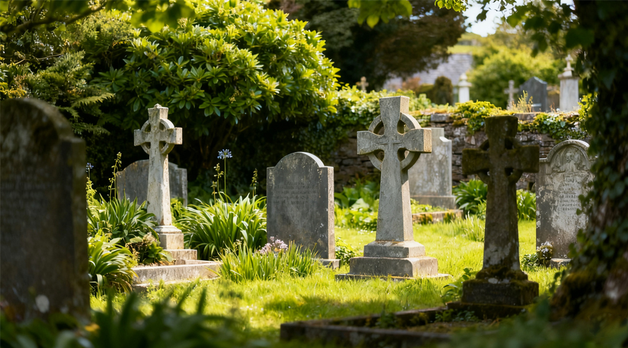 Irish tombstones stand in a tranquil cemetery.