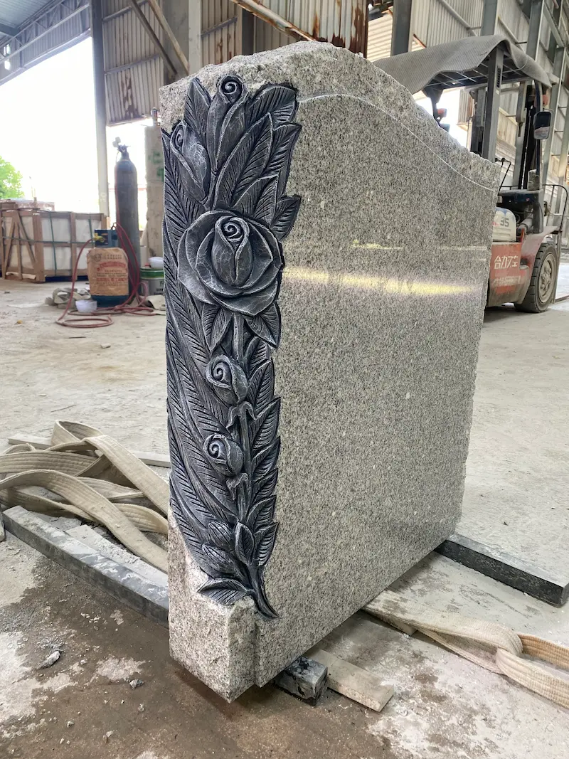 G603 granite rose carving headstone with curved inscription panel and floral side detail
