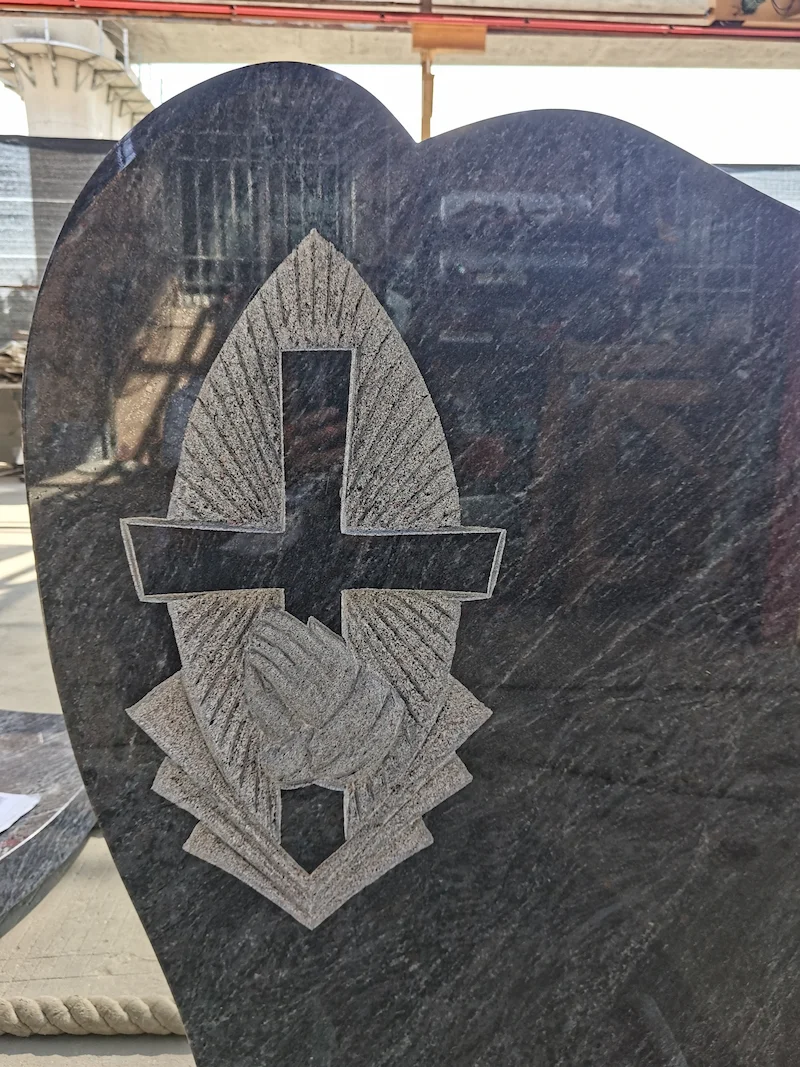 Bahama Blue Granite Headstone with Praying Hands and Cross