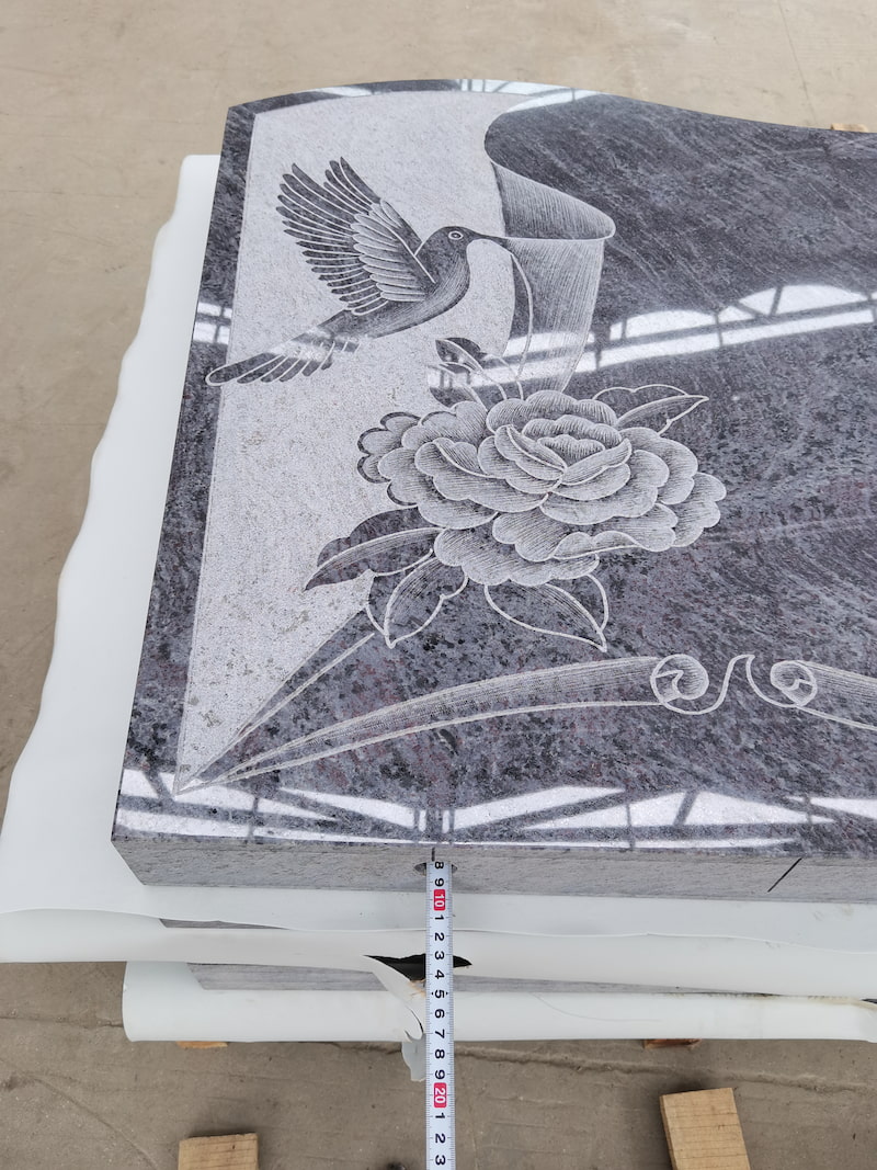 Bahama Blue Granite Laser Carving Headstone with Hummingbird and Flower