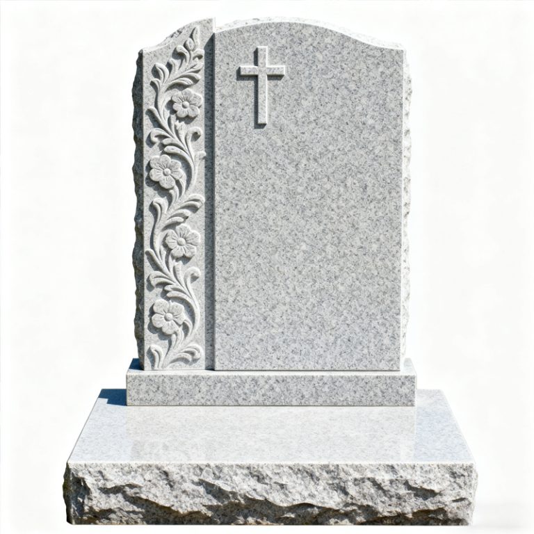 Light Gray Granite Tombstone with Carved Cross Headstone
